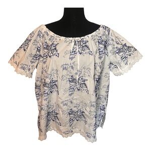 Yvos White Blue Embroidered Peasant Top Boho Sz 2X Cottagecore Eyelet Trim